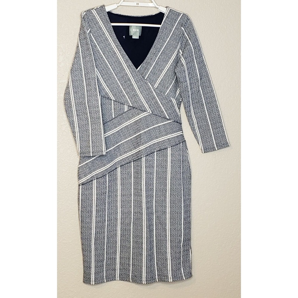 Maeve Womens Dress Small 3/4 Sleeve Blue White V-Neck Knee Length Wrap Look
